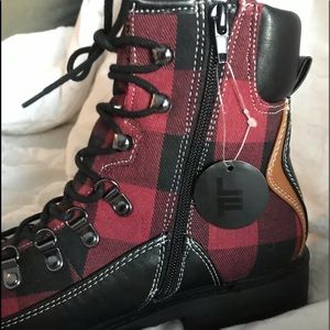 London Fog, Red and black plaid boots.